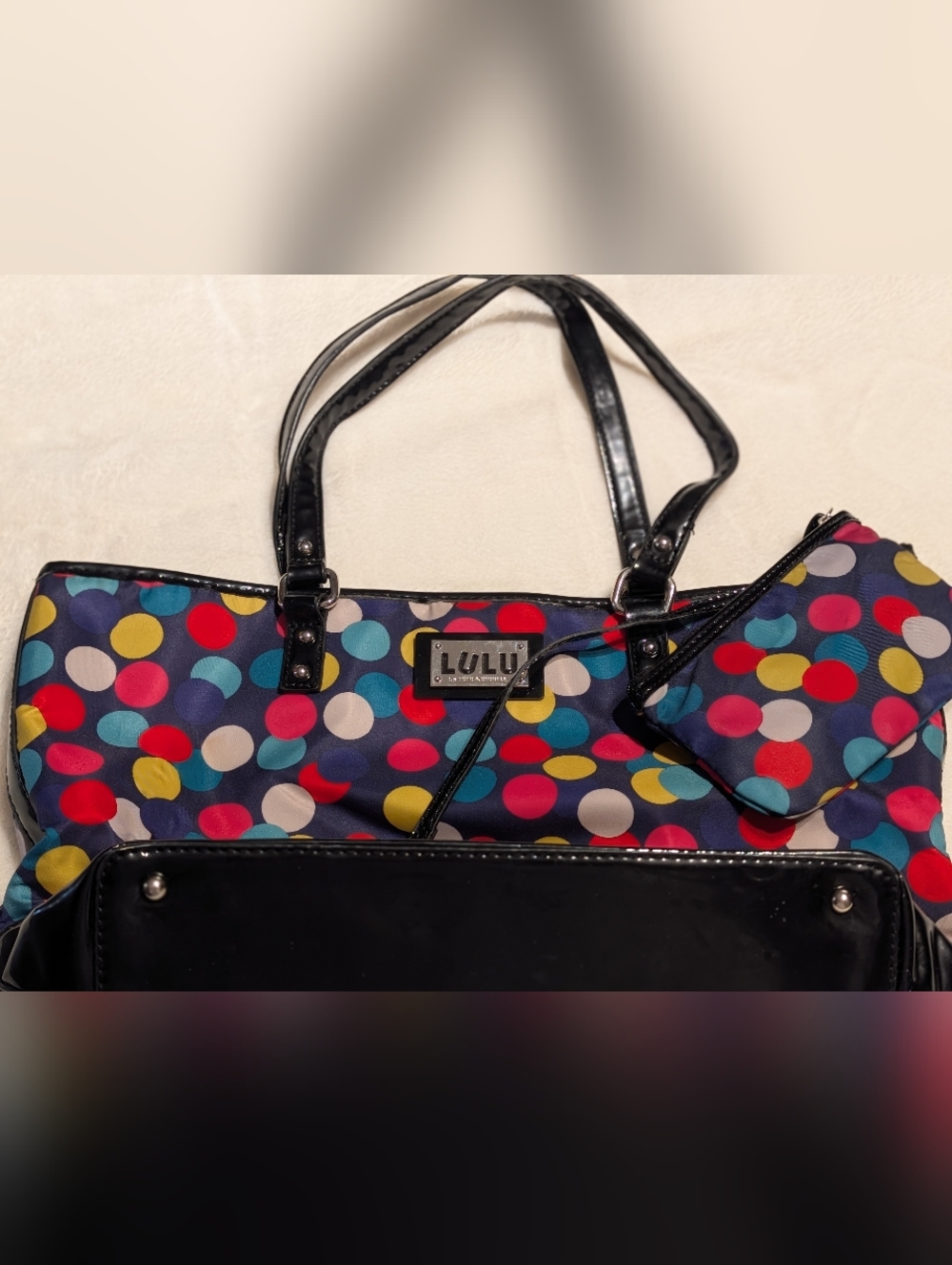 Lulu Guiness Navy Tote with Multicolor Polka Dots. Patent Leather Trim.